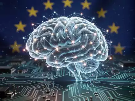 A glowing, abstract neural network brain on a circuit board, with subtle European Union flag elements in the background, symbolizing AI regulation. - Foto: über boerse-global.de