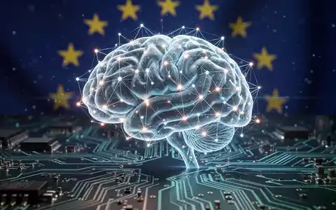 A glowing, abstract neural network brain on a circuit board, with subtle European Union flag elements in the background, symbolizing AI regulation. - Foto: über boerse-global.de