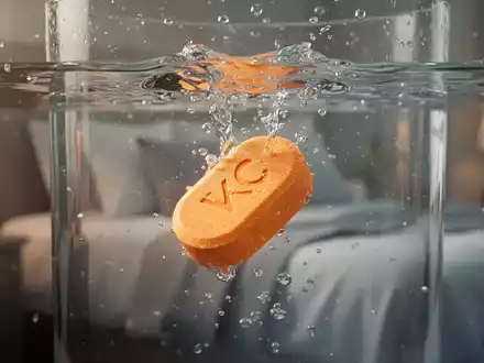 Eine Vitamin-C-Tablette löst sich in Wasser auf, im Hintergrund angedeutete Schlafzimmerelemente. - Foto: über boerse-global.de