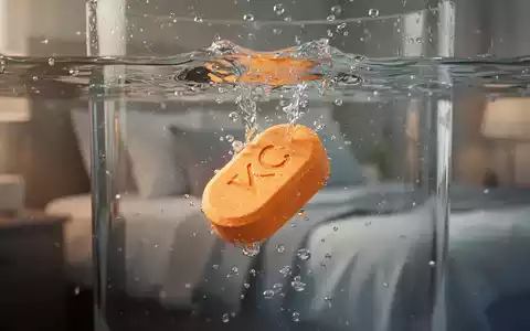 Eine Vitamin-C-Tablette löst sich in Wasser auf, im Hintergrund angedeutete Schlafzimmerelemente. - Foto: ĂŒber boerse-global.de
