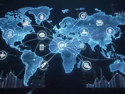 Digital payment icons and lines connecting across a glowing blue global map, representing global transactions and financial competition. - Foto: über boerse-global.de