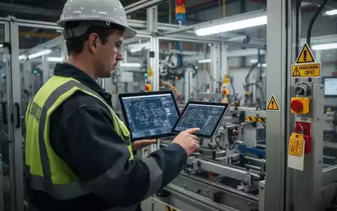 Ein Arbeitssicherheitsspezialist überprüft digitale Pläne in einer modernen Produktionsanlage mit Sicherheitskennzeichnungen und LOTO-Geräten. - Foto: über boerse-global.de