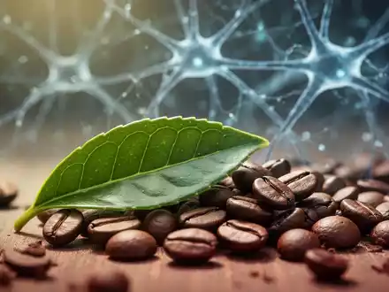 Ein stilisiertes Nahaufnahme von Teeblättern und Kaffeebohnen, die Synergie und wissenschaftliche Forschung andeuten, mit abstrakten neuronalen Pfaden im Hintergrund. - Foto: über boerse-global.de
