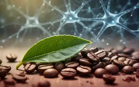 Ein stilisiertes Nahaufnahme von Teeblättern und Kaffeebohnen, die Synergie und wissenschaftliche Forschung andeuten, mit abstrakten neuronalen Pfaden im Hintergrund. - Foto: über boerse-global.de