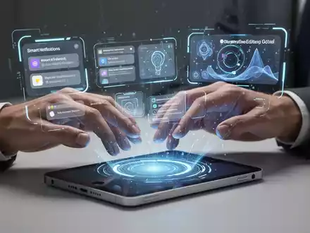 Close-up of hands interacting with a holographic Apple interface, displaying AI features and productivity tools. - Foto: über boerse-global.de