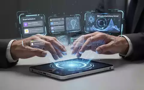 Close-up of hands interacting with a holographic Apple interface, displaying AI features and productivity tools. - Foto: über boerse-global.de
