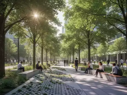 Ein moderner Stadtpark mit üppigen Bäumen, Grünflächen und wasserdurchlässigen Wegen, der nachhaltige Stadtentwicklung und Klimaanpassung symbolisiert. - Foto: über boerse-global.de