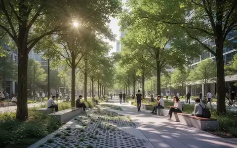 Ein moderner Stadtpark mit üppigen Bäumen, Grünflächen und wasserdurchlässigen Wegen, der nachhaltige Stadtentwicklung und Klimaanpassung symbolisiert. - Foto: über boerse-global.de