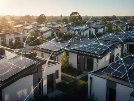 Dächer von Wohnhäusern mit Solarmodulen in einem modernen Viertel, verbunden durch leuchtende Linien, die Energiefluss symbolisieren. - Foto: über boerse-global.de