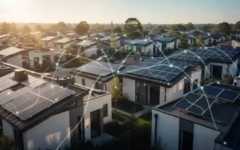 Dächer von Wohnhäusern mit Solarmodulen in einem modernen Viertel, verbunden durch leuchtende Linien, die Energiefluss symbolisieren. - Foto: über boerse-global.de
