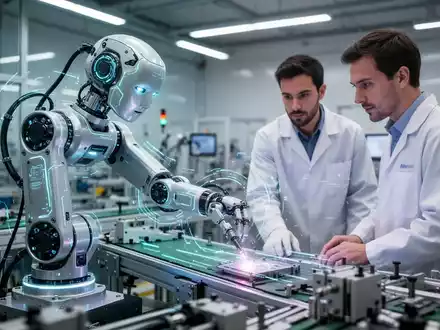 A humanoid robot and a human technician collaborating on an assembly line in a high-tech manufacturing facility. - Foto: über boerse-global.de