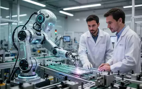 A humanoid robot and a human technician collaborating on an assembly line in a high-tech manufacturing facility. - Foto: über boerse-global.de