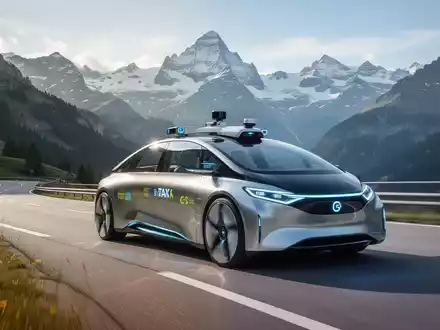 Ein futuristisches, autonomes Robotaxi fährt auf einer sauberen Schweizer Bergstraße mit Alpengipfeln im Hintergrund. - Foto: über boerse-global.de