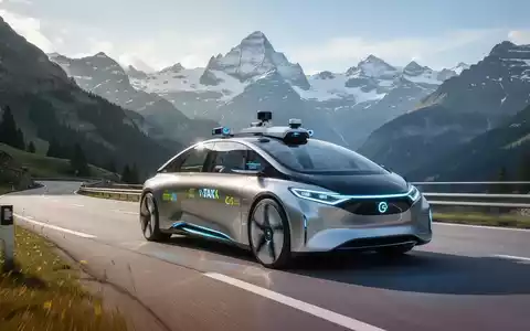 Ein futuristisches, autonomes Robotaxi fährt auf einer sauberen Schweizer Bergstraße mit Alpengipfeln im Hintergrund. - Foto: über boerse-global.de