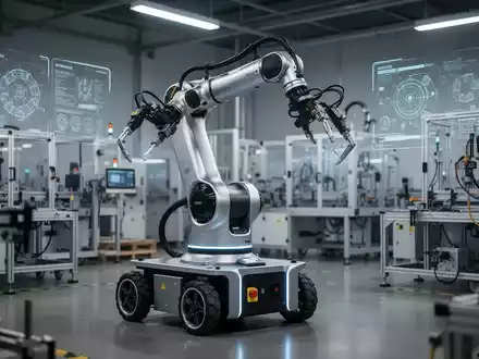 An advanced industrial robot with a wheeled base and articulated arms working in a modern, well-lit factory environment. - Foto: über boerse-global.de