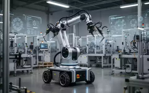 An advanced industrial robot with a wheeled base and articulated arms working in a modern, well-lit factory environment. - Foto: über boerse-global.de