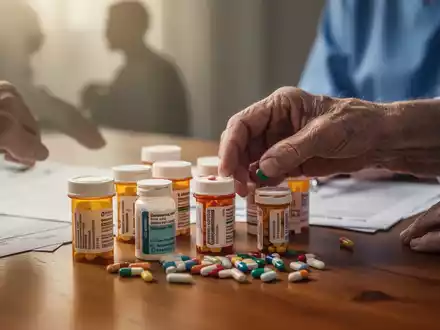 Eine Nahaufnahme der Hand einer älteren Person, die sorgfältig verschiedene Pillenflaschen auf einem Holztisch sortiert. - Foto: über boerse-global.de