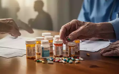 Eine Nahaufnahme der Hand einer älteren Person, die sorgfältig verschiedene Pillenflaschen auf einem Holztisch sortiert. - Foto: über boerse-global.de