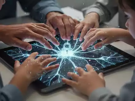 Parental hands guiding a child's hands on a tablet displaying AI patterns, with a digital lock icon. - Foto: über boerse-global.de