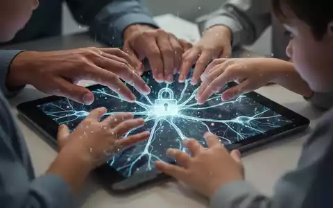 Parental hands guiding a child's hands on a tablet displaying AI patterns, with a digital lock icon. - Foto: über boerse-global.de