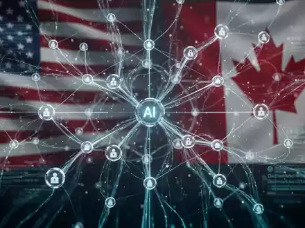 Digital network with data streams and subtle US and Canadian flag elements, symbolizing AI regulation and international policy. - Foto: über boerse-global.de