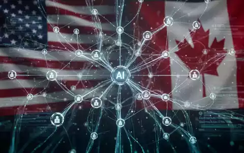 Digital network with data streams and subtle US and Canadian flag elements, symbolizing AI regulation and international policy. - Foto: über boerse-global.de