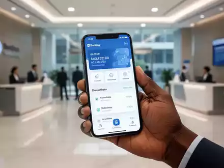 A close-up of a hand holding a smartphone displaying a mobile banking app, with a blurred modern bank interior in the background. - Foto: über boerse-global.de