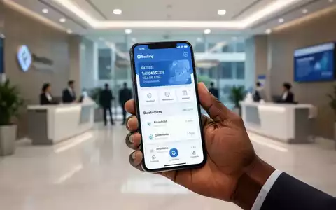 A close-up of a hand holding a smartphone displaying a mobile banking app, with a blurred modern bank interior in the background. - Foto: über boerse-global.de