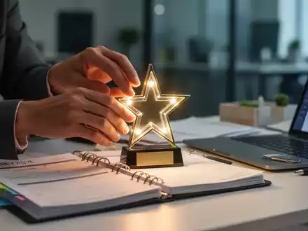 Hände platzieren eine kleine, leuchtende Trophäe auf einem organisierten Schreibtisch mit Planer und Laptop. - Foto: über boerse-global.de
