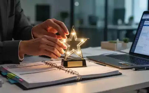 Hände platzieren eine kleine, leuchtende Trophäe auf einem organisierten Schreibtisch mit Planer und Laptop. - Foto: über boerse-global.de