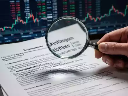 Eine Hand hält eine Lupe über einen komplexen Vertrag, im Hintergrund verschwommene Finanzdaten und Aktienkurse. - Foto: über boerse-global.de