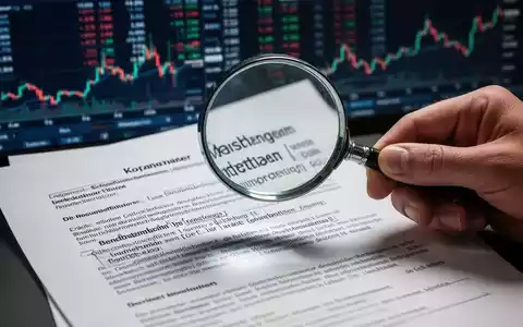 Eine Hand hält eine Lupe über einen komplexen Vertrag, im Hintergrund verschwommene Finanzdaten und Aktienkurse. - Foto: über boerse-global.de