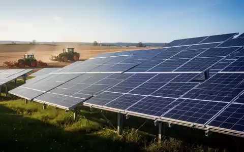 Photovoltaik-Solarpaneele auf einem Bauernhof mit landwirtschaftlichen Maschinen im Hintergrund, symbolisiert steuerliche Änderungen für Landwirte. - Foto: über boerse-global.de