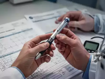 Nahaufnahme der Hände eines Arztes, der einen Insulin-Pen hält, mit unscharfem Hintergrund eines Patientenakten und Glukosemonitors. - Foto: über boerse-global.de