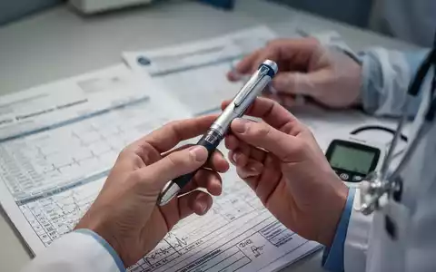 Nahaufnahme der Hände eines Arztes, der einen Insulin-Pen hält, mit unscharfem Hintergrund eines Patientenakten und Glukosemonitors. - Foto: über boerse-global.de