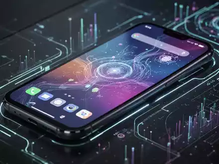 A close-up of a modern smartphone screen displaying a futuristic Android interface with AI elements and glowing data visualizations. - Foto: über boerse-global.de