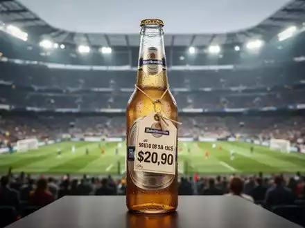 Ein einzelnes Bier in einem Fußballstadion mit einem absurd hohen Preisschild, das die hohen Kosten bei der WM 2026 symbolisiert. - Foto: über boerse-global.de