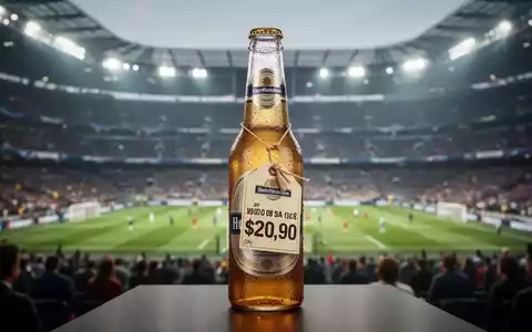 Ein einzelnes Bier in einem Fußballstadion mit einem absurd hohen Preisschild, das die hohen Kosten bei der WM 2026 symbolisiert. - Foto: über boerse-global.de
