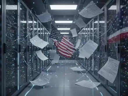 A futuristic data center with glowing server racks, legal documents, and a subtle American flag, symbolizing technology, law, and national security. - Foto: über boerse-global.de