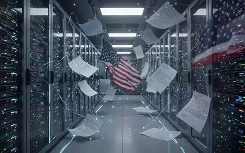 A futuristic data center with glowing server racks, legal documents, and a subtle American flag, symbolizing technology, law, and national security. - Foto: über boerse-global.de