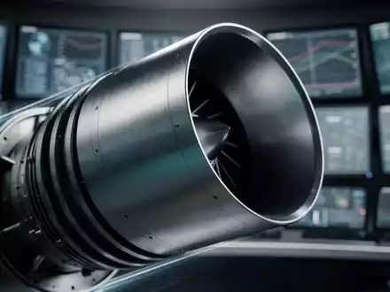 Nahaufnahme einer Raketendüse unter Studiobeleuchtung, mit unscharfem Kontrollraum im Hintergrund. Technologie und Präzision. - Foto: über boerse-global.de