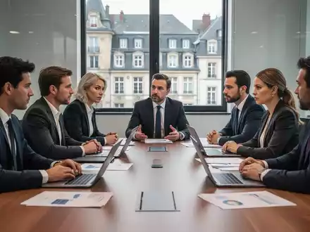 Eine Gruppe von Fachleuten diskutiert an einem Konferenztisch, mit Fokus auf Arbeitsrecht und Wirtschaft in Luxemburg. - Foto: über boerse-global.de