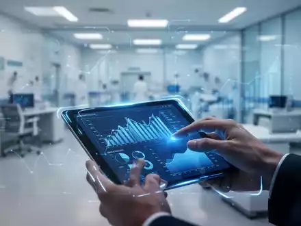 Eine Hand tippt auf einem Tablet, das über digitale Finanzdaten und Prozessdiagramme in einem modernen Büroumfeld schwebt. - Foto: über boerse-global.de