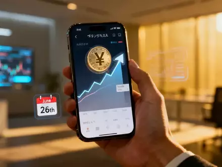 Nahaufnahme einer Hand, die ein Smartphone mit einer japanischen Börsen-App hält, die einen Aufwärtstrend und einen hervorgehobenen Kalender zeigt. - Foto: über boerse-global.de