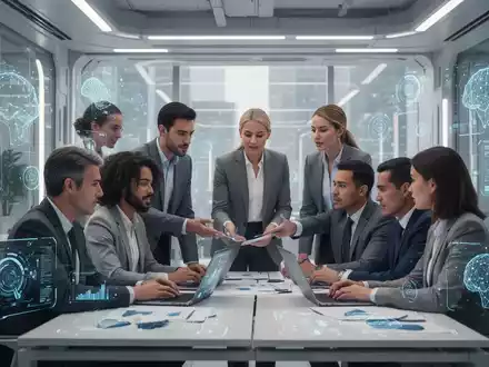 Eine vielfältige Gruppe von Fachleuten arbeitet in einem modernen Büro zusammen, mit digitalen Elementen, die KI und Talententwicklung andeuten. - Foto: über boerse-global.de