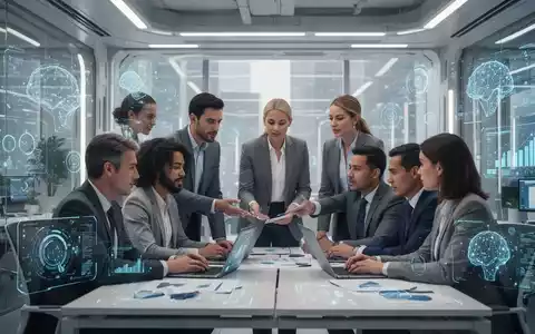 Eine vielfältige Gruppe von Fachleuten arbeitet in einem modernen Büro zusammen, mit digitalen Elementen, die KI und Talententwicklung andeuten. - Foto: über boerse-global.de