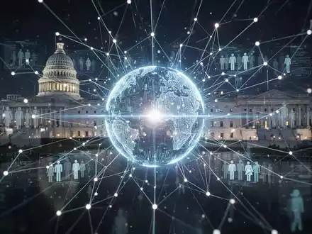 A glowing digital sphere at the center of a complex network of data lines, symbolizing centralized eGovernment data infrastructure. - Foto: über boerse-global.de