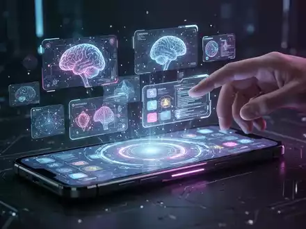 A futuristic smartphone screen showing multiple floating app windows and AI graphics, with a hand interacting with the display. - Foto: über boerse-global.de