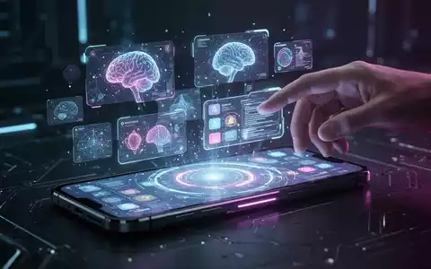A futuristic smartphone screen showing multiple floating app windows and AI graphics, with a hand interacting with the display. - Foto: über boerse-global.de