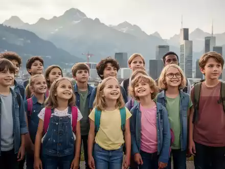 Eine Gruppe unterschiedlich großer Kinder und Jugendlicher in der Schweiz vor einer Berg- und Stadtkulisse, die Wachstum darstellt. - Foto: über boerse-global.de